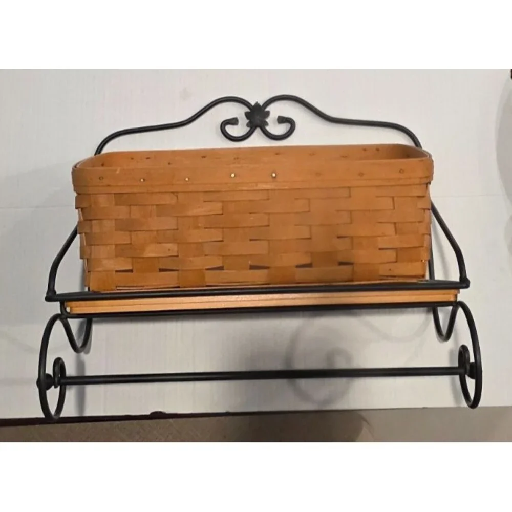 Longaberger Wrought Iron Towel Holder w/ Shelf & Vanity Basket Wall Mounted VTG